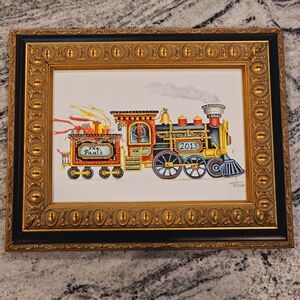 Vintage oil painting hand painted Christmas train